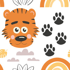 Cute tiger illustration. Zoo Pattern. Cute cartoon animal. Can be used for book illustrations, wallpapers and other items.