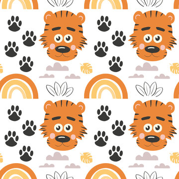 Cute tiger illustration. Zoo Pattern. Cute cartoon animal. Can be used for book illustrations, wallpapers and other items.