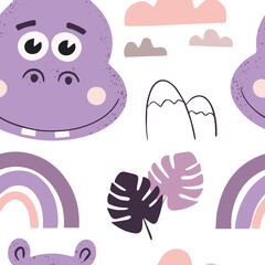 Cute hippo illustration. Zoo Pattern. Cute cartoon animal. Can be used for book illustrations, wallpapers and other items.