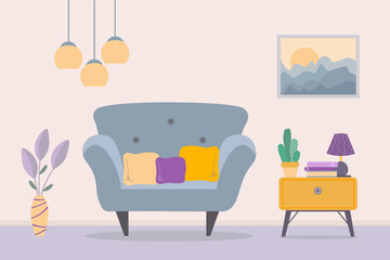 Living room interior with sofa, nightstand, lamp, house plants picture on wall. Vector flat design illustration.