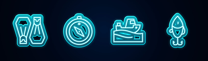 Set line Rubber flippers for swimming, Compass, Fishing boat on water and lure. Glowing neon icon. Vector. © vector_v
