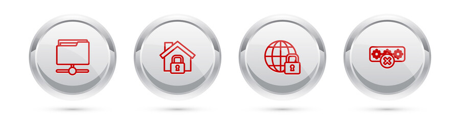 Set line FTP folder, House under protection, Global lockdown and Password. Silver circle button. Vector.