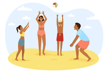 Flat cartoon family people play beach volleyball. Active family mother, father, son and daughter play with a ball on the beach. Family holidays. Vector flat illustraition.