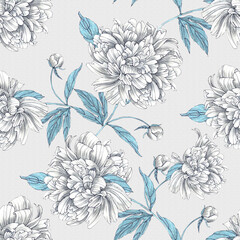 Delicate  flowers peony on gray background. Floral seamless pattern