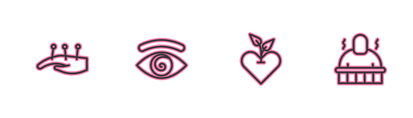 Set line Acupuncture therapy, Heart, Hypnosis and Sauna and spa procedures icon. Vector.