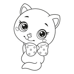 Obraz na płótnie Canvas Little cat sitting and looking back coloring page for kids. Black and white outline illustration