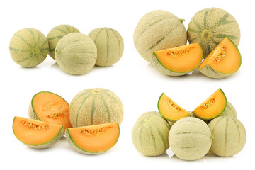 fresh cantaloupe melon and some cut ones on a white background