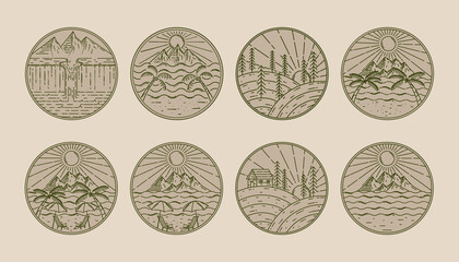 Exclusive Set Outdoor Logo Illustration Design. Premium Set of Modern Line Art Outdoor Logo. Simple Modern Outdoor Logo Collection. Exclusive Collection of Mountain, Hill, Cabin and Beach Logo Design