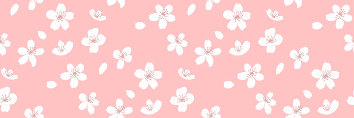 Spring horizontal background, seamless sakura texture with flowers and falling petals. Vector repeat for fabric and paper design