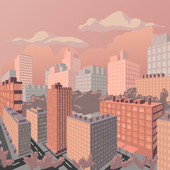 Evening cityscape perspective vector illustration. Sunset landscape vector concept illustration