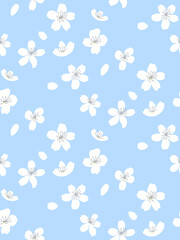 Fototapeta na wymiar Blue spring tree blossom pattern, seamless background. White flowers and falling down by wind petals. Adorable asian vector texture for textile and paper design