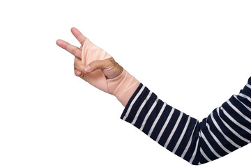 Man hand with long blue stripped T-shirt wrapping elastic bandage isolated on white background. clipping path
