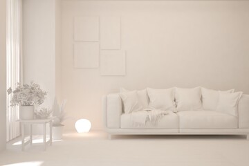 White minimalist living room with sofa. Scandinavian interior design. 3D illustration