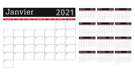 french monthly organization calendar template grid for 2021 .