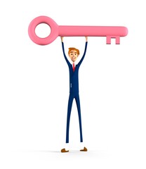 Business man holds a big key . 3d cartoon character illustration.