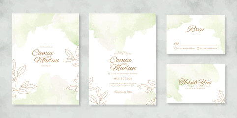 Fototapeta na wymiar Wedding invitation set template with watercolor splash and hand drawn
