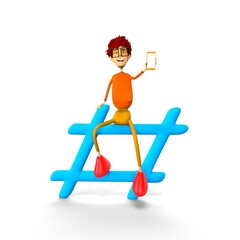 3d character social network modern communication with hashtag sign. 3d illustration.