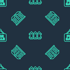 Fototapeta premium Set line Garden fence wooden, House and Hanging sign with For Sale on seamless pattern. Vector.