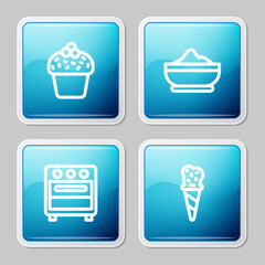 Set line Cake, Flour bowl, Oven and Ice cream in waffle cone icon. Vector.