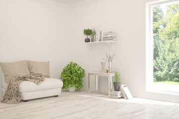White living room with armchair and green landscape in window. Scandinavian interior design. 3D illustration