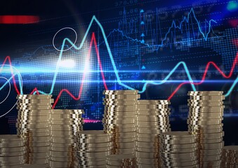 Stack of gold coins over digital interface with data processing against blue background