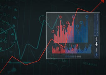 Red graphs over digital interface with data processing against black background