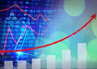 Red graphs over stock market data processing against green spots of light