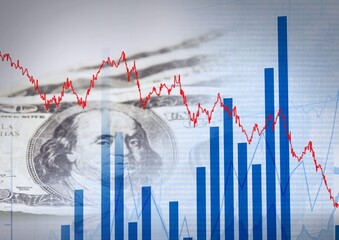 Red graphs over statistical data processing against american dollar bills on white background