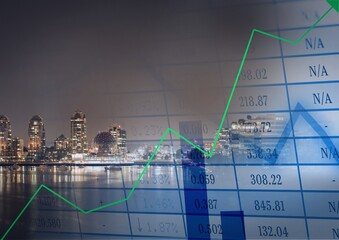 Green graphs over statistical data processing against cityscape in background