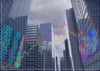 Fototapeta na wymiar Multiple graphs over stock market data processing against tall buildings