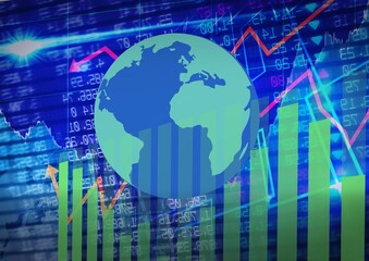 Fototapeta na wymiar Globe over statistical and stock market data processing against blue background