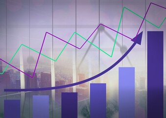 Multiple graphs over statistical data processing against view of cityscape from office window
