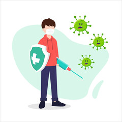 Vector illustration fight covid-19 corona virus. cure corona virus. people fight virus concept. corona viruses vaccine concept. end of 2019-ncov. don't be afraid of the corona virus concept.