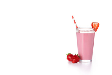 Strawberry milkshake in glass isolated on white background. Copy space
