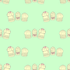 Seamless pattern. Easter cake or sweet bread or Paska. Soft Spring festive background and texture with traditional orthodox food in contour doodle style. Hand Drawn illustration