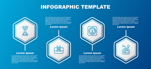 Set line Sauna hourglass, Swimming pool with ladder, thermometer and Bar of soap. Business infographic template. Vector.