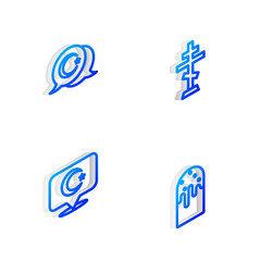 Set Isometric line Christian cross, Star and crescent, and Easter cake icon. Vector.