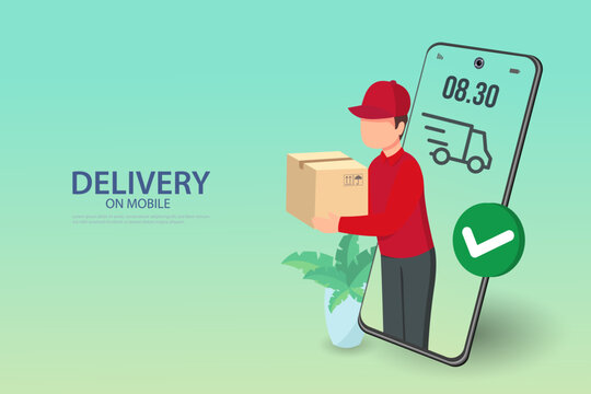 Fast delivery by Man on mobile. E-commerce concept. Online food order infographic. Webpage, app design. Pink and Blue background. Perspective vector
