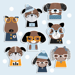 Set of dogs stickers. Cute kids graphic. Vector hand drawn illustration.