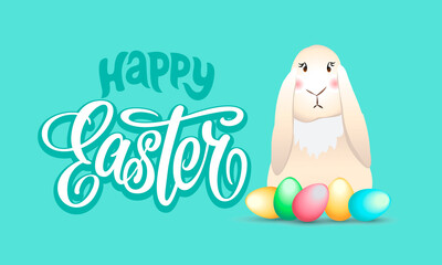 Happy easter lettering card with cute rabbit children vector illustration.