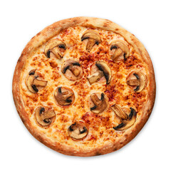 Pizza with mashrooms on a white background. Top view.Very high quality photo.