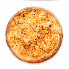 Pizza with sausages and red onion on a white background. Top view.Very high quality photo.