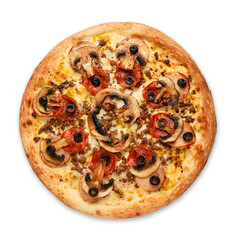 Pizza with sausages and red onion on a white background. Top view.Very high quality photo.