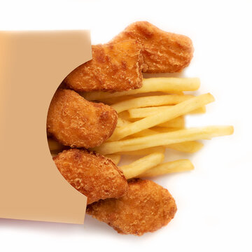 BBQ fried chicken naggets with fries. With copy space.