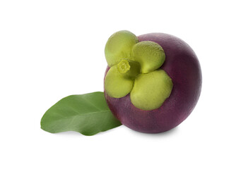 Delicious ripe mangosteen and green leaf on white background