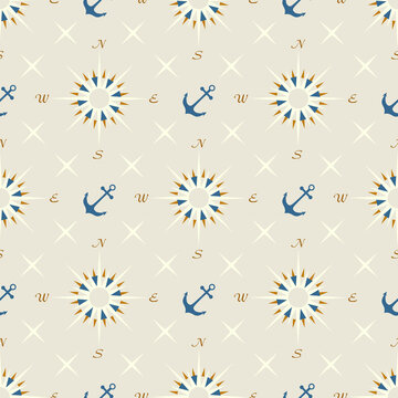 Nautical elements, icon seamless pattern with anchor, navigation compass travel background design