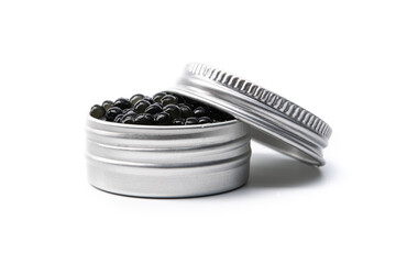 Black caviar in metal container isolated