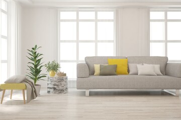 White living room with sofa. Scandinavian interior design. 3D illustration