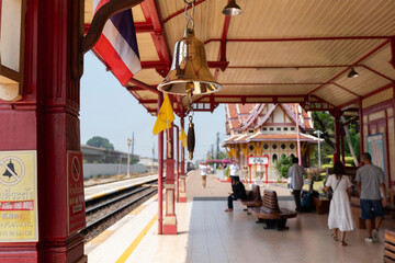 The golden bell hangs at Hua Hin Railway Station, Thailand - March 6,2021;