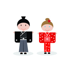 Japanese Boy and Girl Wearing Kimono